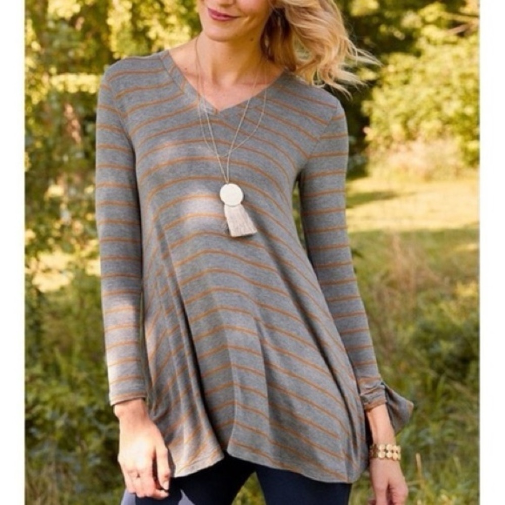 Matilda Jane Windsong Swing Striped Knit Top-Gray/Orange-Women Size Large